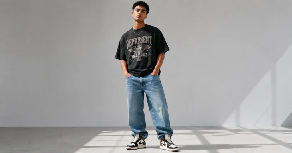 Men's baggy jeans streetwear outfit featuring oversized denim and sneakers.