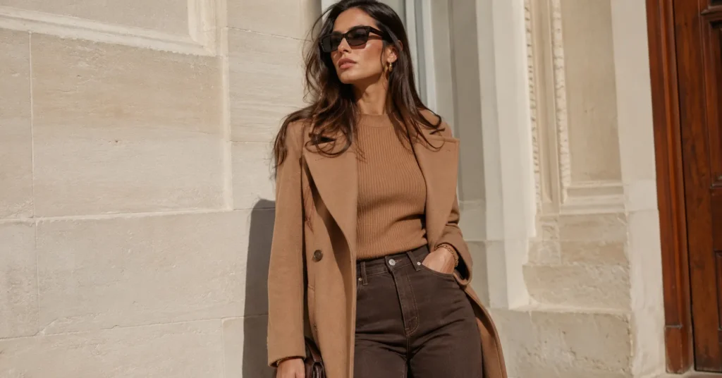 Brown jeans fashion trend featuring a monochrome brown outfit idea.