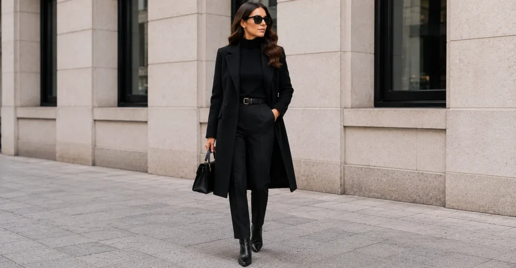 Car coat for women outfit ideas with a chic black monochrome outfit.