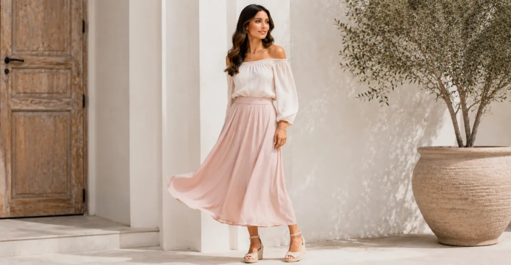 Down Shoulder Top Outfit Ideas: How to Style It in 2026 9 Feminine down shoulder top outfit ideas with midi skirt and elegant accessories.