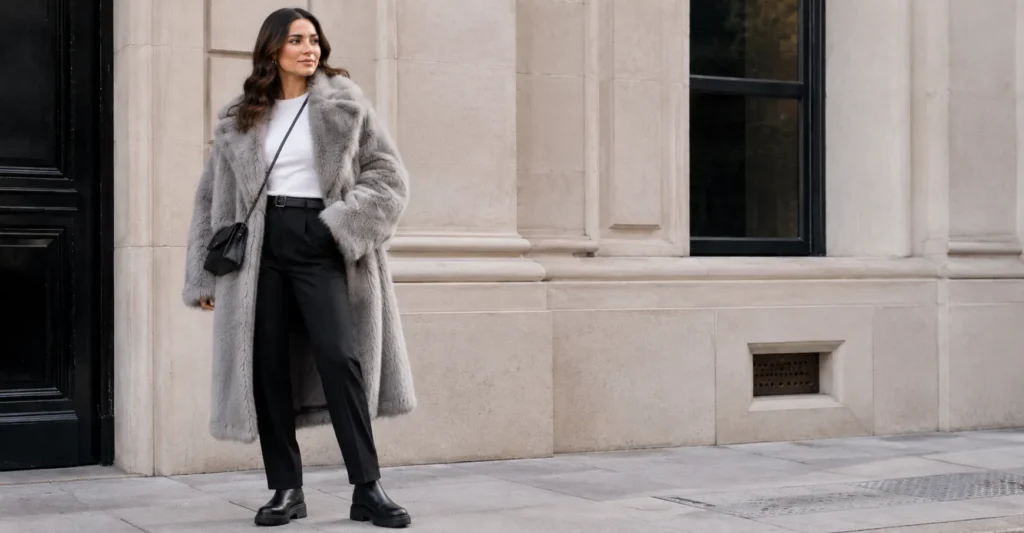 Street style faux fur coats outfit ideas with oversized grey faux fur coat and black trousers.
