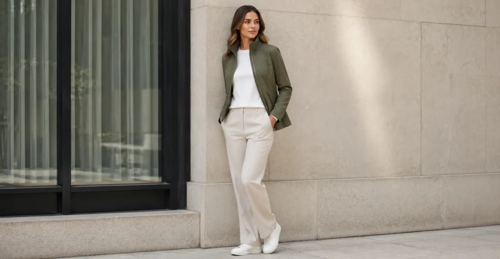 Funnel Neck Jacket: The Complete Style & Buying Guide 5 Lightweight funnel neck jacket outfit styled for transitional weather and everyday wear.
