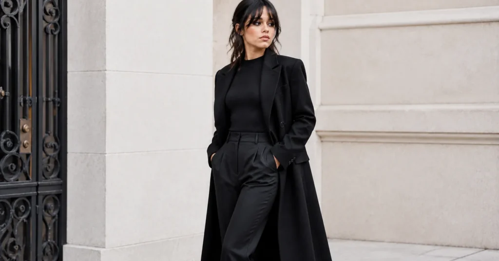 Jenna Ortega Outfits: The Complete Style Guide to Her Best Looks 6 Jenna Ortega outfits inspired winter fashion featuring a black wool coat and tailored neutral wardrobe pieces.