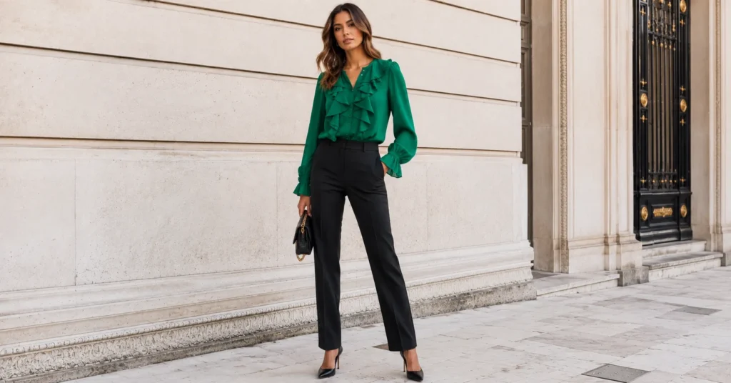 Ruffle Front Blouse Trend: How to Style It in 2026 3 Emerald green ruffle front blouse styled as a fashion-forward statement outfit for women.