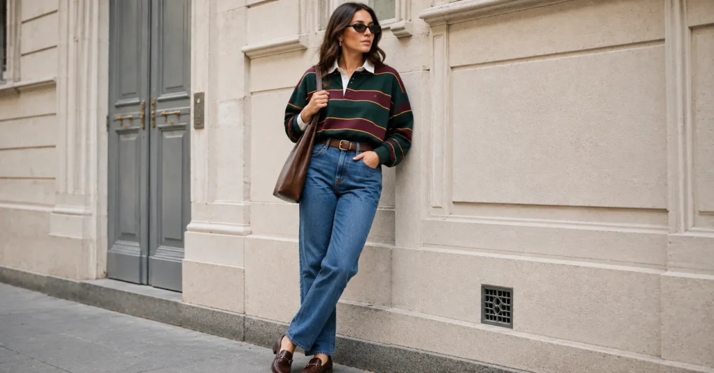 Rugby Shirts Jeans Trend: How to Style It in everytime 3 Vintage rugby shirts jeans trend outfit featuring an oversized striped rugby shirt and jeans.