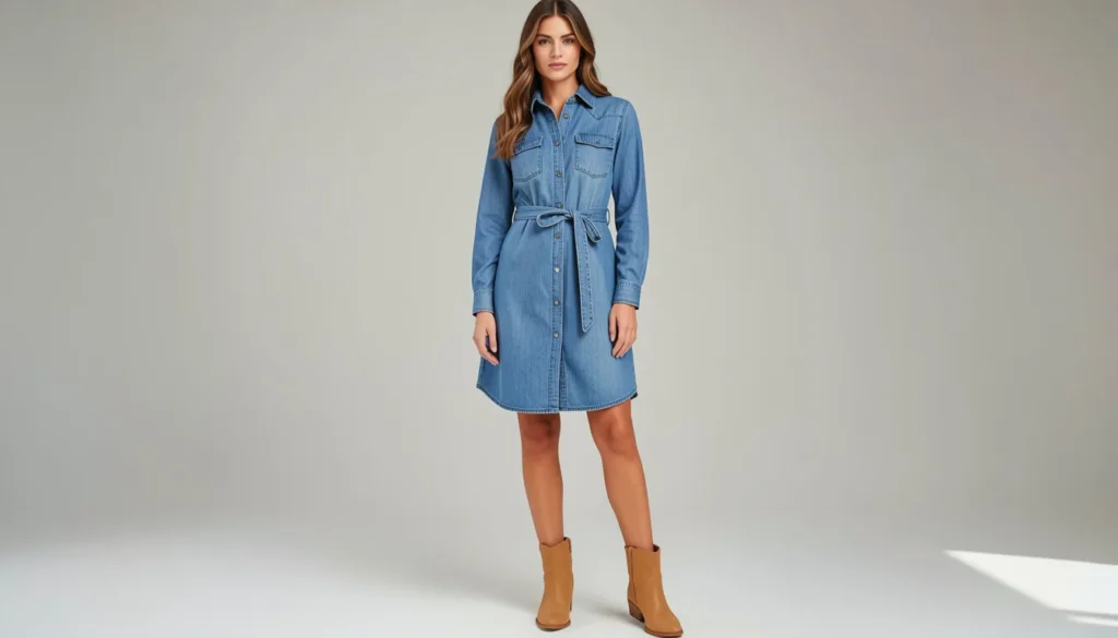 Shirt Dresses for Women: The Complete Style Guide 7 Shirt dresses for women featuring a denim shirt dress and ankle boots.
