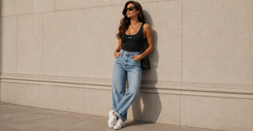 SKIMS tank top outfit featuring boyfriend jeans and sneakers.