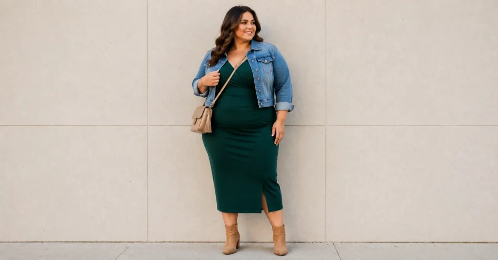 Teddy Swims Concert Outfit Ideas: What to Wear to the Show 8 Plus size Teddy Swims concert outfit ideas with emerald midi dress, denim jacket, and block-heel boots.