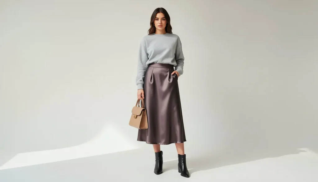 Trendy Sweatshirts Outfit Ideas: How to Style Them in this year 6 Women’s trendy sweatshirts outfit ideas with grey sweatshirt, satin midi skirt, and ankle boots.