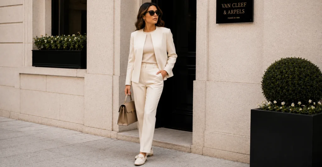 Wool Blazers for Women: The Complete Style & Buying Guide 5 Minimalist wool blazers for women outfit with collarless ivory blazer and tonal trousers.