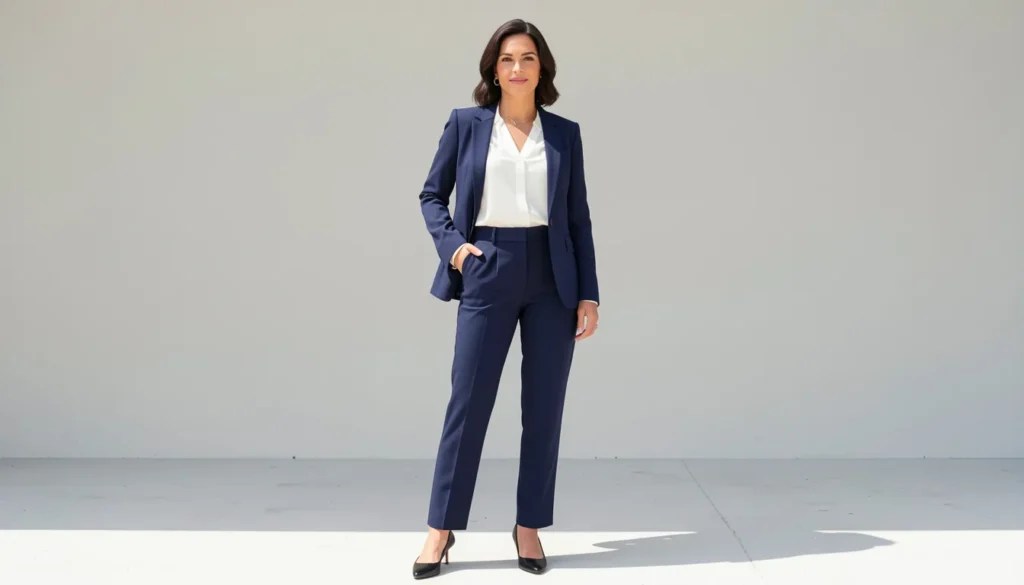 Business attire for women interview outfit with navy suit, white blouse, and closed-toe pumps.