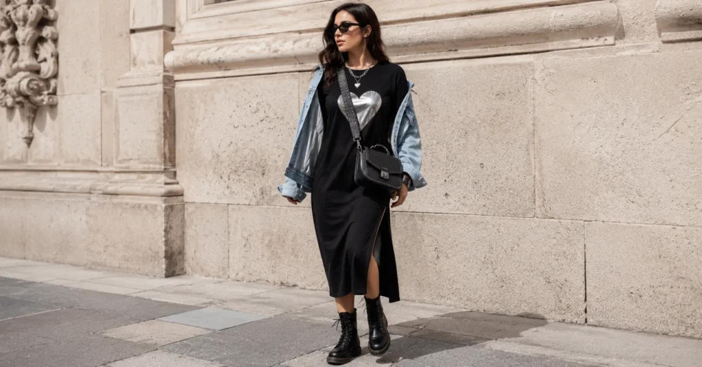 Casual chrome heart dress outfit featuring black t-shirt dress, denim jacket, combat boots, and silver jewelry.