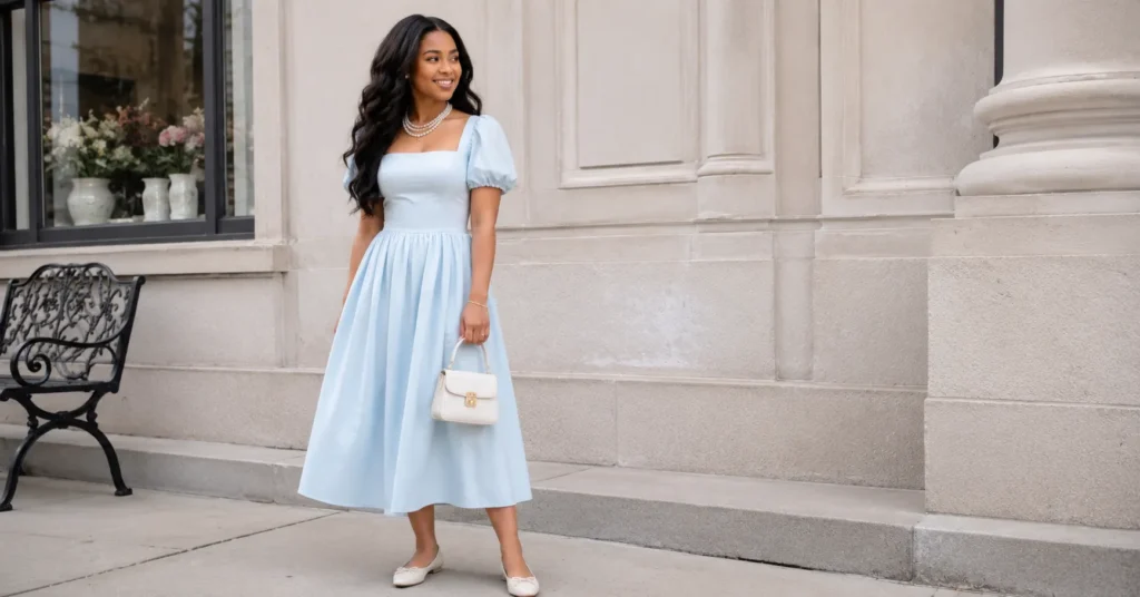 Girly Outfits Black Women Will Love: A Complete Feminine Style Guide 3 Girly outfits black women will love featuring a pastel blue dress, pearl accessories, and soft girl styling.
