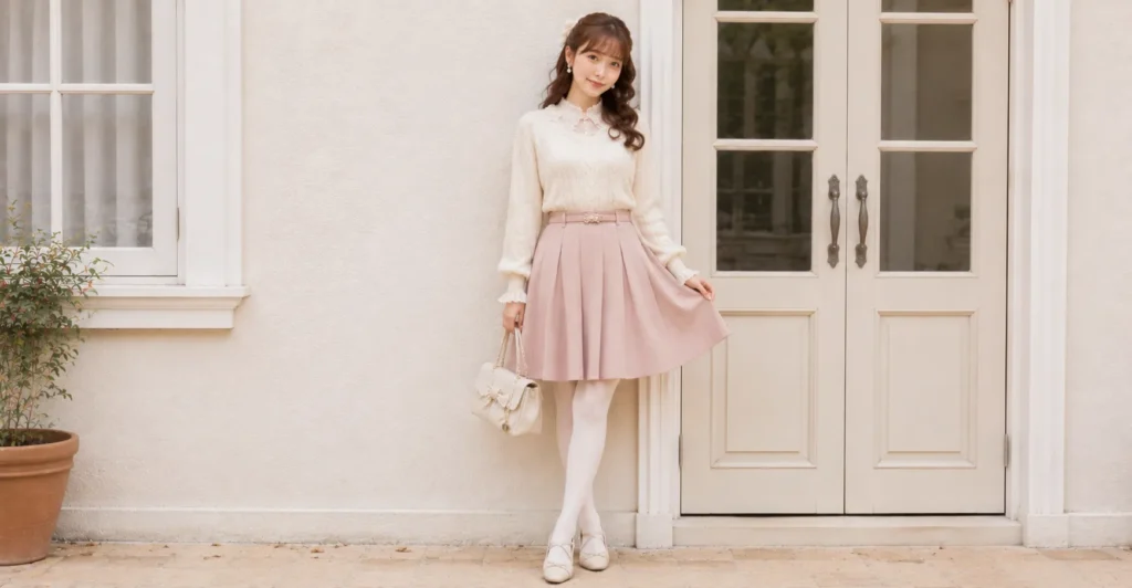 Autumn himekaji outfits featuring a cream sweater and pink pleated skirt.