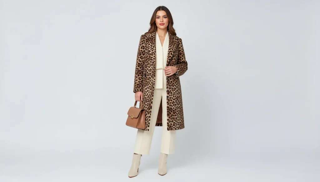 Leopard Print Outfit Ideas: How to Wear This Timeless Statement With Confidence 8 Leopard print outfit featuring a tailored leopard print coat and cream ensemble.