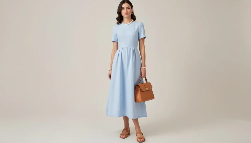Old Money Summer Fashion: The Complete Guide to Timeless Warm-Weather Style 3 Old Money Summer Fashion featuring a pale blue linen dress and timeless summer elegance.