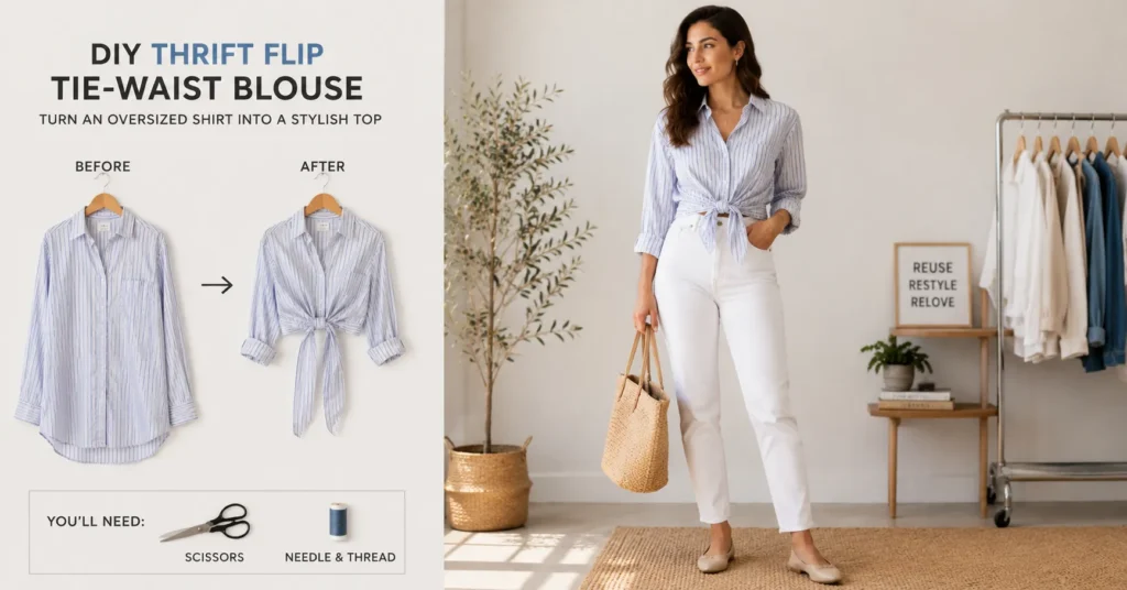 Upcycle Shirt Projects: The Complete Guide to Refashioning Old Shirts Into Something New 6 Upcycle shirt project featuring a thrift flip button-up shirt styled as a tie-waist blouse.
