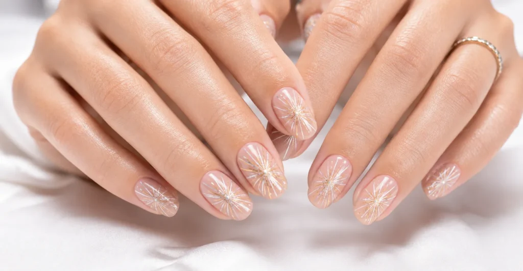 Firework nails with minimalist negative-space burst lines and subtle glitter accents.