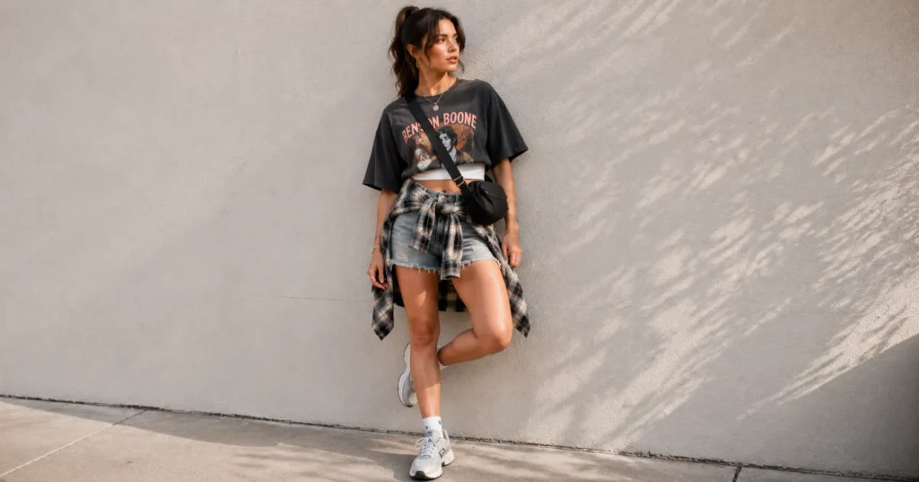 Benson Boone Concert Outfit Ideas: Looks to Match Every Vibe and Venue 9 Benson Boone concert outfit ideas with a cropped graphic tee, denim shorts, sneakers, and flannel for a festival.