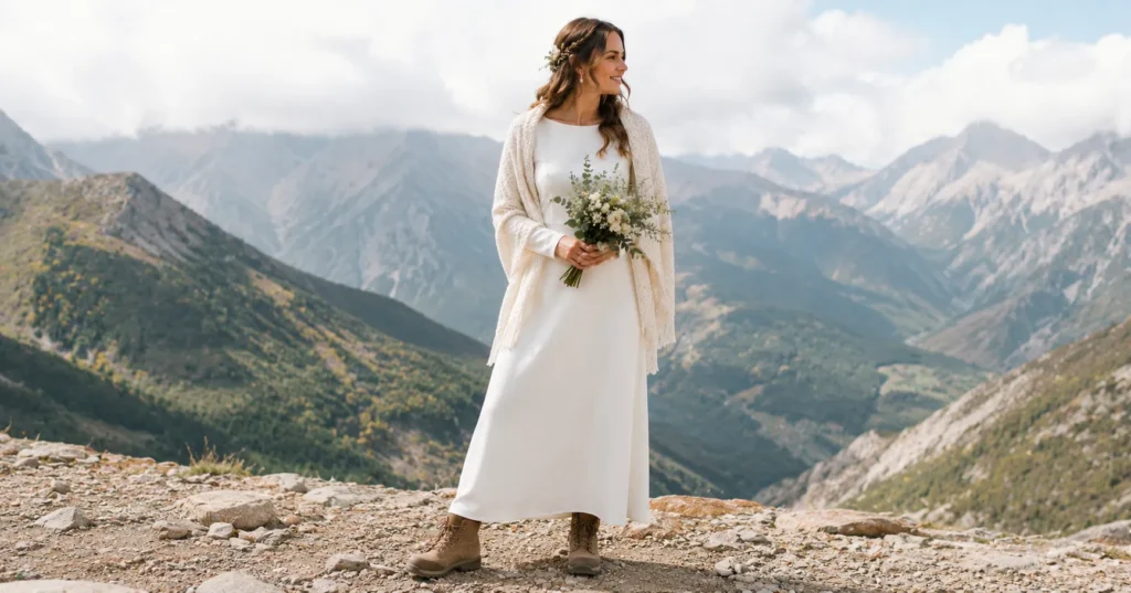 Elopement Dress Ideas: How to Find the Perfect Look for Your Intimate Wedding 6 Elopement dress ideas with a long-sleeve bridal dress, wrap, and boots for a mountain wedding.