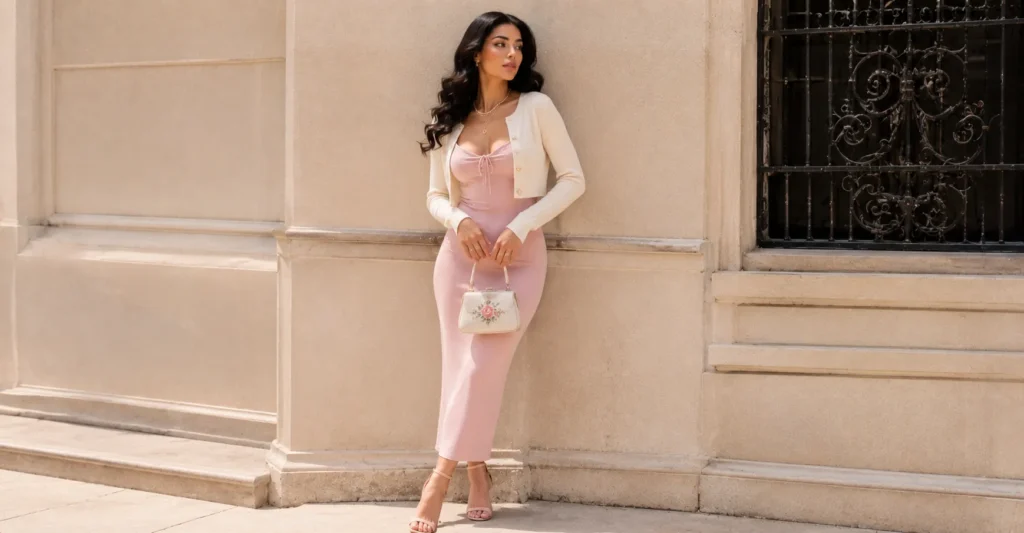 Kali Uchis outfit ideas with a blush midi dress, cream cardigan, retro curls, and vintage accessories.
