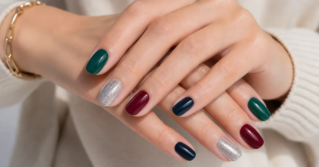 Seasonal multicolored manis palette perfection featuring rich winter-inspired nail colors.