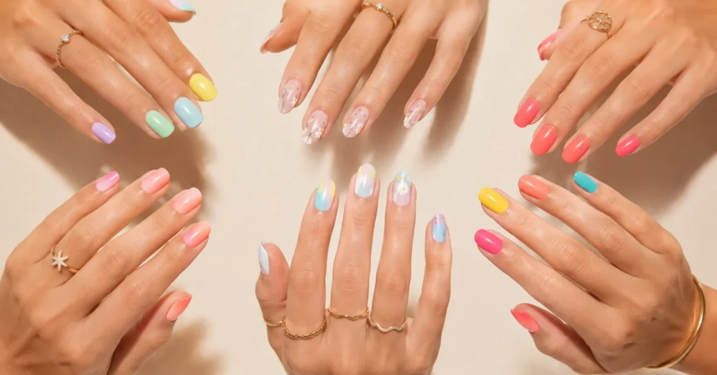 Nails for June: Fresh Summer Designs, Colors, and Ideas Worth Trying 3 Nails for June featuring popular summer nail designs, pastel shades, floral nail art, and trendy manicure inspiration.