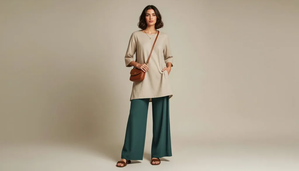 Modest outfit ideas for summer travel with palazzo pants and breathable vacation clothing.