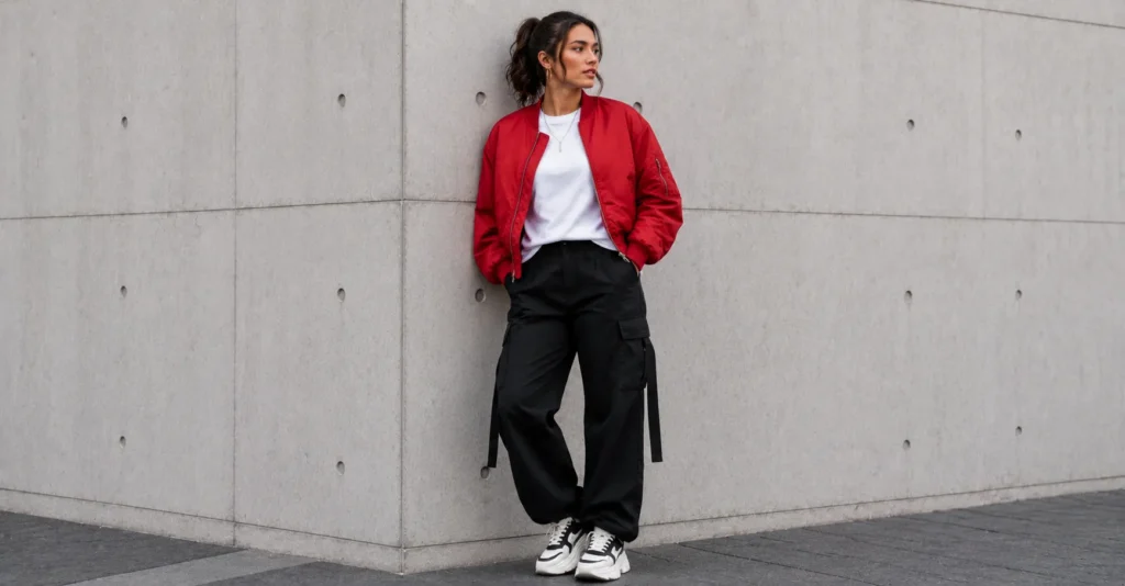 Streetwear red and black outfit ideas with black cargo pants and a red bomber jacket.