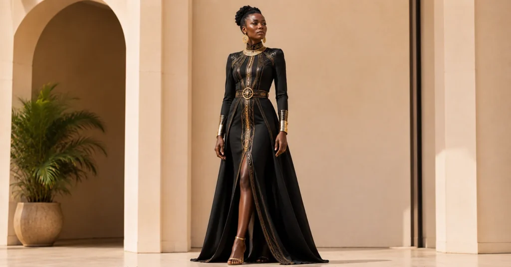 Black Panther Party Outfit Ideas: 30+ Wakanda-Inspired Looks for Every Guest 4 Black Panther party outfit ideas featuring a black and gold luxury outfit.
