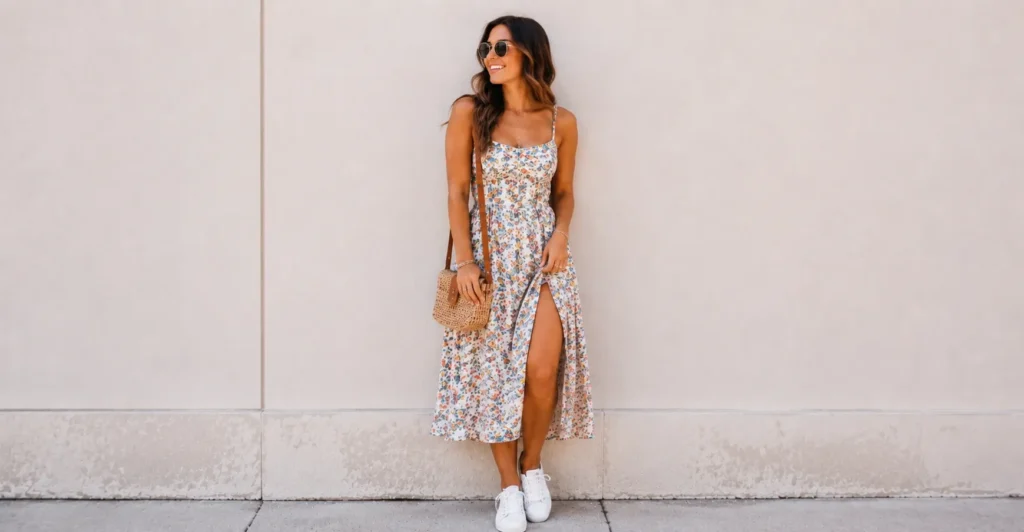Nashville Outfit Ideas Summer: 30+ Stylish Looks for Broadway, Bachelorettes, and Beyond 8 Nashville outfit ideas summer for sightseeing with a sundress and sneakers.