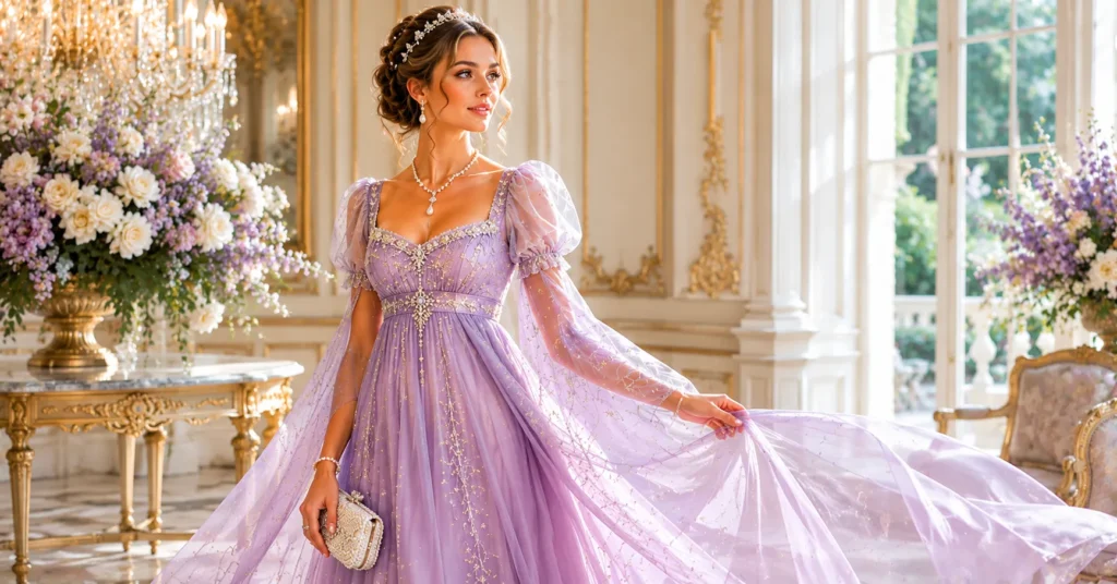 Bridgerton Party Outfit Ideas: 25+ Regency Looks to Steal the Show 8 Bridgerton party outfit ideas featuring a lavender Regency ball gown.