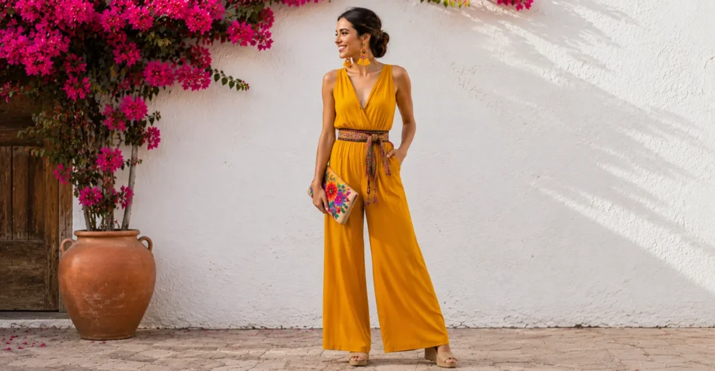 Fiesta party outfit ideas featuring a festive marigold jumpsuit.