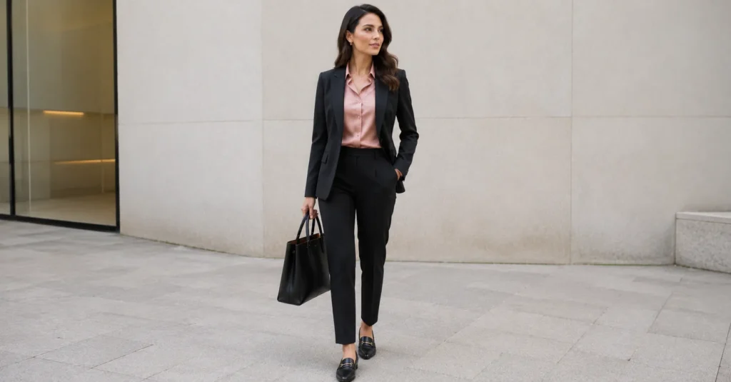 Pink and Black Outfit Ideas: 30+ Bold Looks for Any Occasion 7 Pink and Black Outfit Ideas with a black suit and pink blouse for work