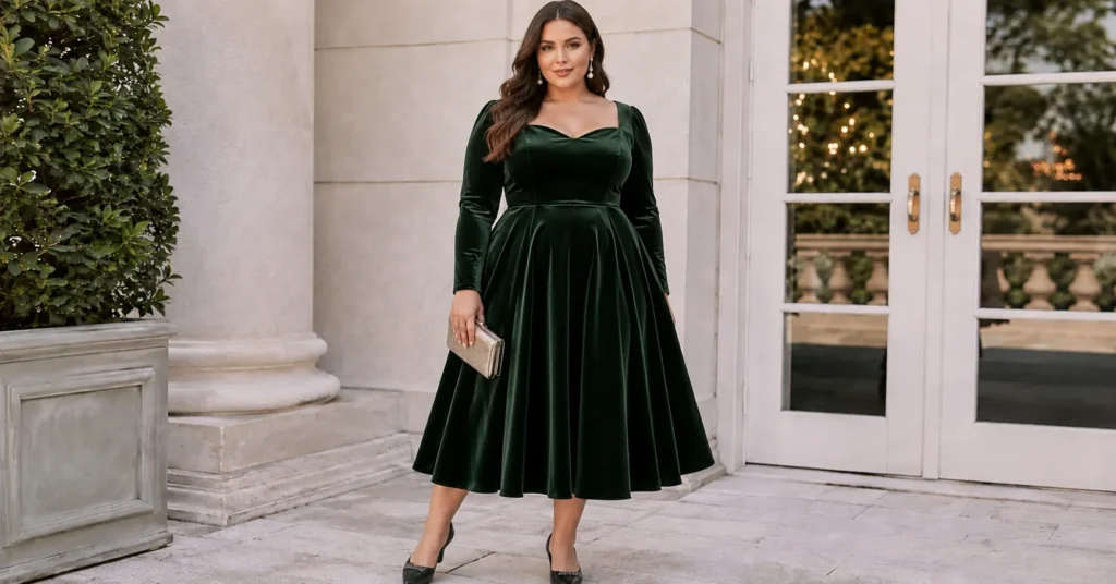 Plus Size Christmas Party Outfit Ideas with a forest green fit-and-flare dress