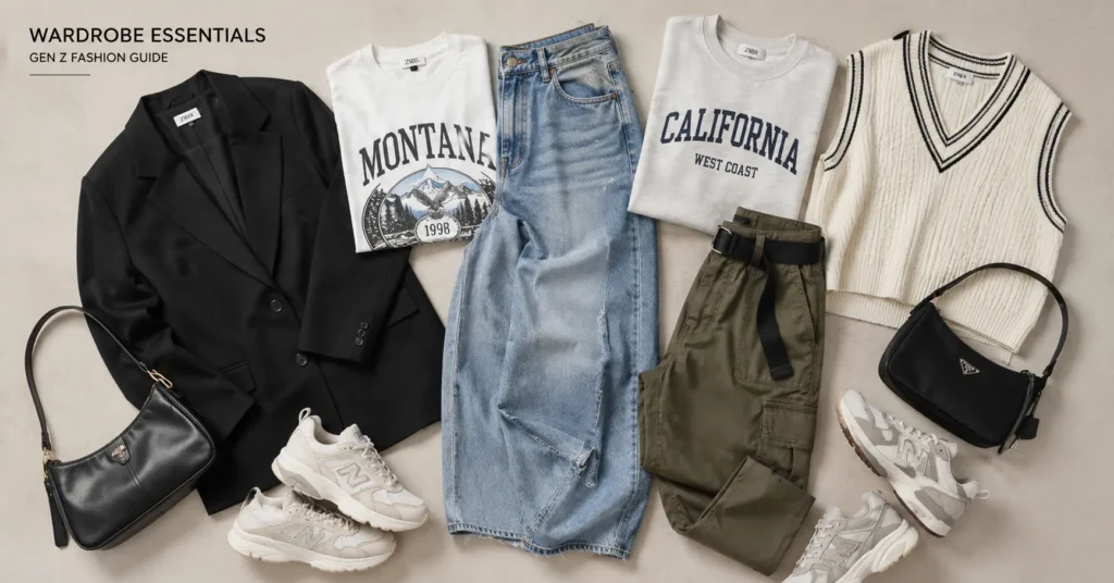 The Complete Guide to Gen Z Outfit Ideas: Trends, Staples, and Styling 7 Gen Z outfit ideas wardrobe staples including baggy jeans, oversized blazer, cargo pants, and sneakers.