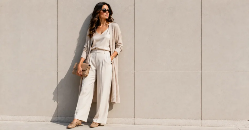 Smart Casual Outfit Ideas with wide-leg trousers and a cardigan.