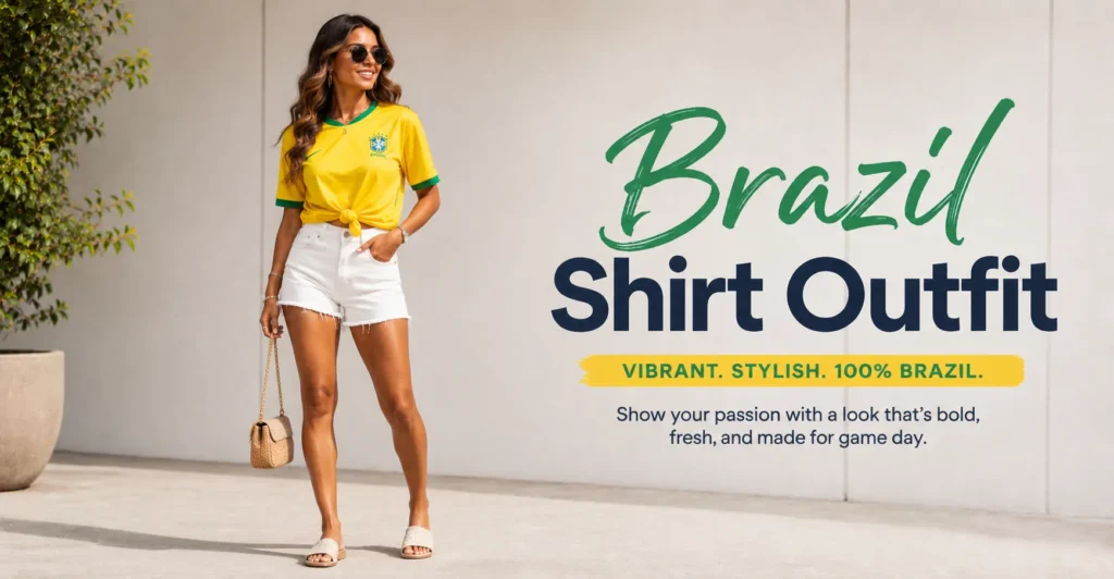 Brazil Shirt Outfit: The Complete Guide to a Bold Game Day Look 9 Brazil shirt outfit styled for summer with white shorts, slides, and a knotted yellow jersey.