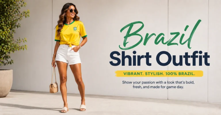Brazil shirt outfit styled for summer with white shorts, slides, and a knotted yellow jersey.