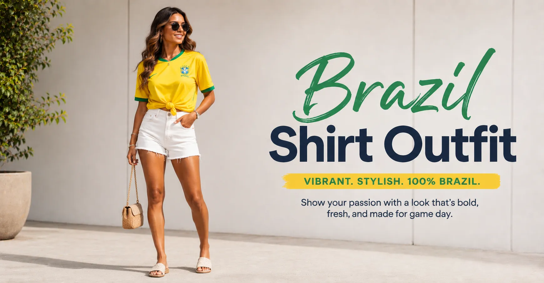 Home 13 Brazil shirt outfit styled for summer with white shorts, slides, and a knotted yellow jersey.