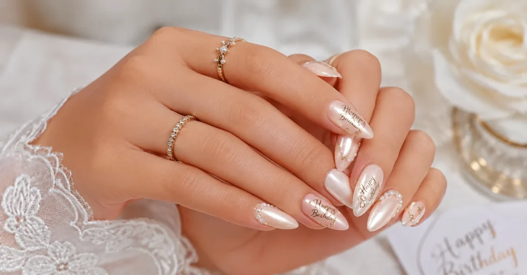 Glamorous birthday nails in an elegant almond shape with luxury styling.