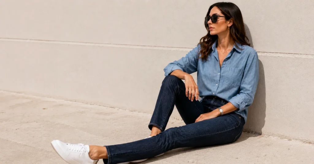 Button Shirt: Complete Guide to Effortless, Versatile Style 7 Button shirt outfit featuring a chambray shirt paired with jeans for a casual weekend style.