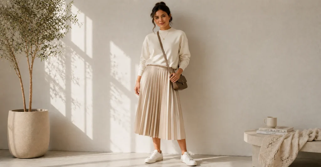 Women's Mock Neck Sweatshirt outfit with a midi skirt for a stylish weekend look.