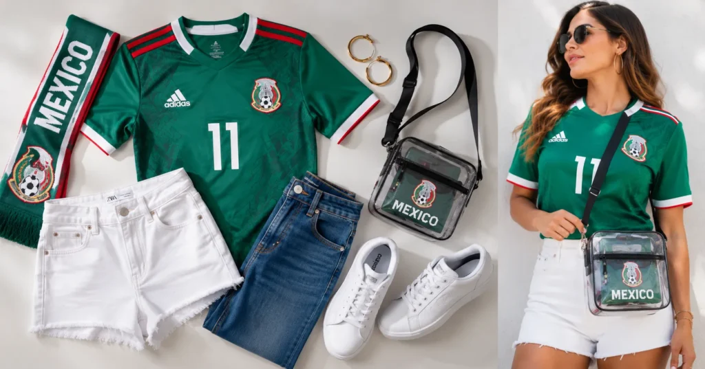 Mexico jersey outfit essentials including jersey, shorts, jeans, sneakers, and accessories.