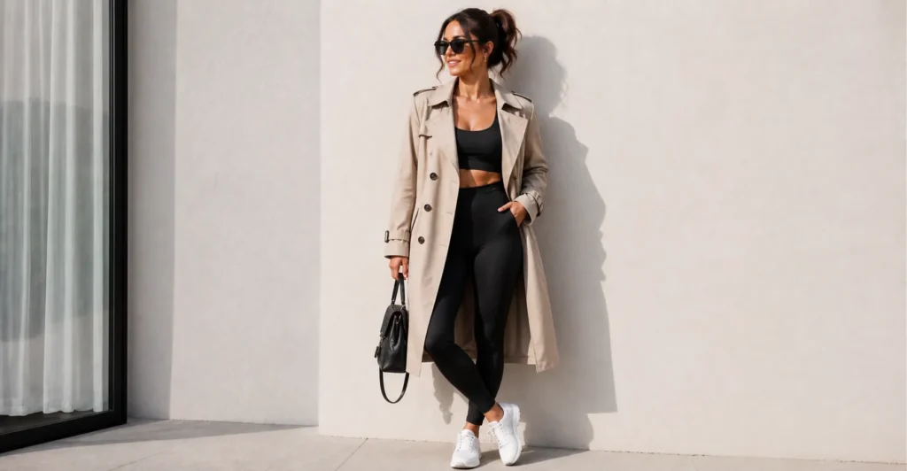 Sporty outfits for women styled with leggings and a trench coat for an elevated look.