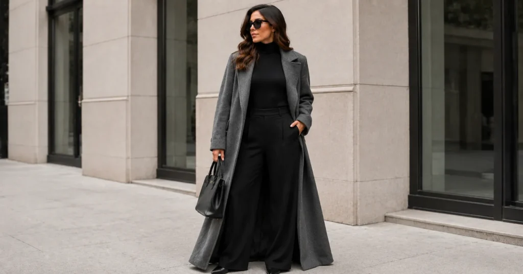 Gray and black outfit with a statement gray duster coat layered over an all-black base.