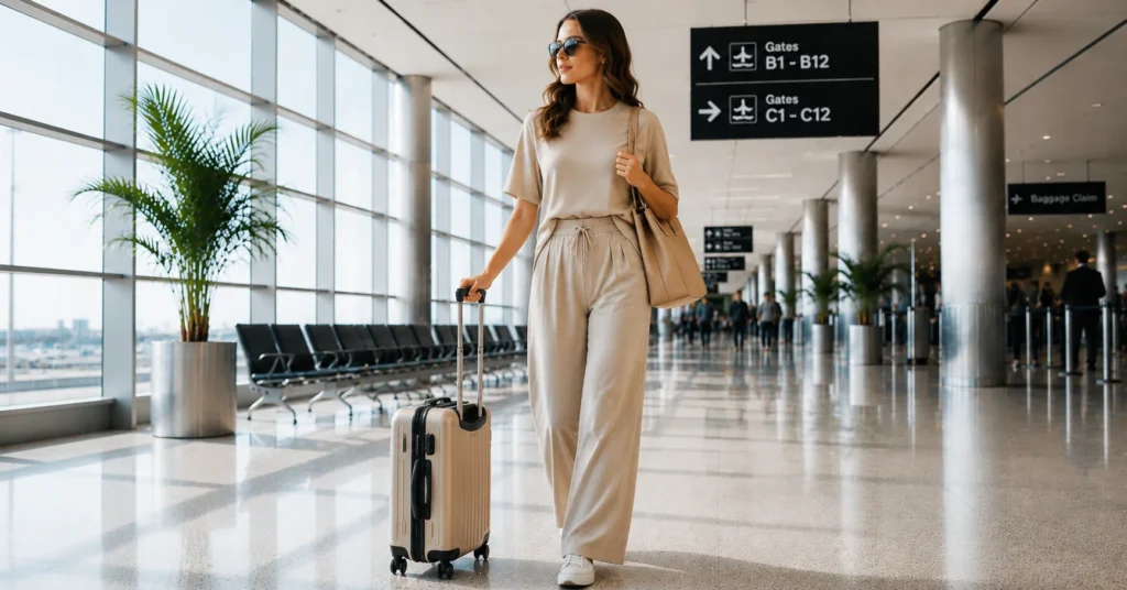 Plane outfits showcasing an elegant airport arrival look with comfortable and stylish travel clothing.