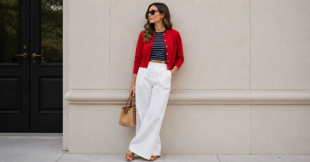 Red cardigan outfits styled with linen trousers and stripes for a fresh spring wardrobe.