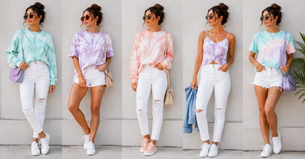 The Complete Guide to Styling Tie Dye Outfits for Every Season 8 Tie dye outfits featuring a colorful summer festival look with denim shorts and a linen shirt.
