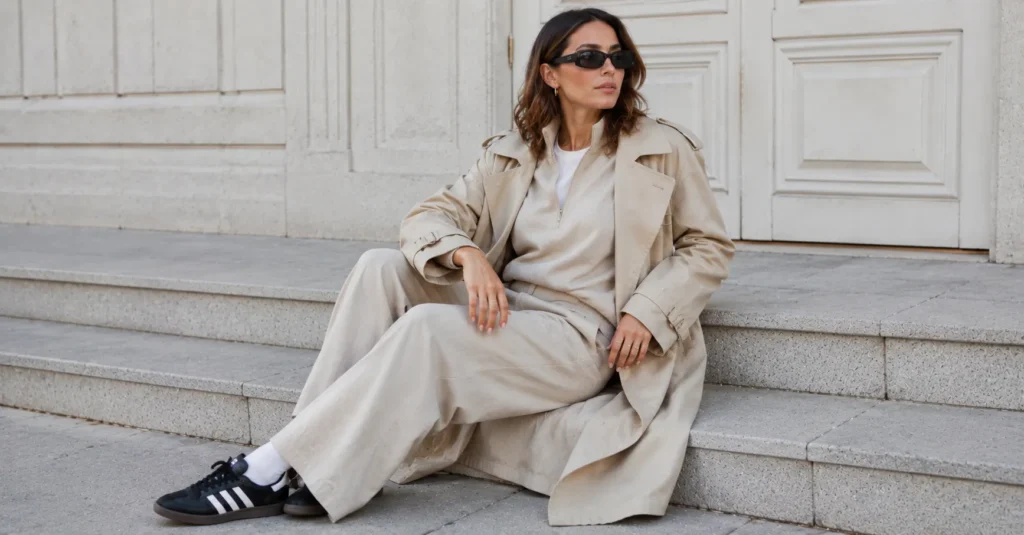 Modern athleisure samba adidas outfit featuring a matching lounge set and Adidas Samba sneakers.